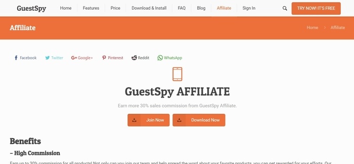 screenshot of the affiliate sign up page for GuestSpy