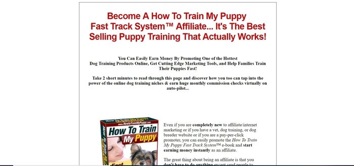 screenshot of the affiliate sign up page for How To Train My Puppy
