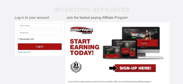 screenshot of the affiliate sign up page for Intertops