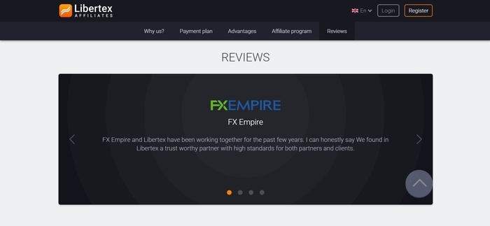 screenshot of the affiliate sign up page for Libertex