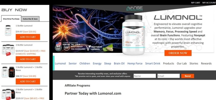 screenshot of the affiliate sign up page for Lumonol
