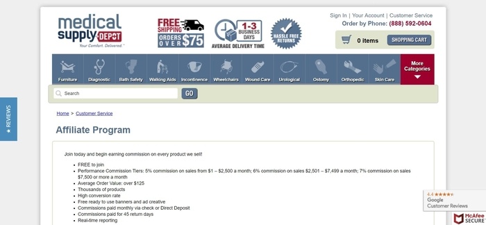 screenshot of the affiliate sign up page for Medical Supply Depot