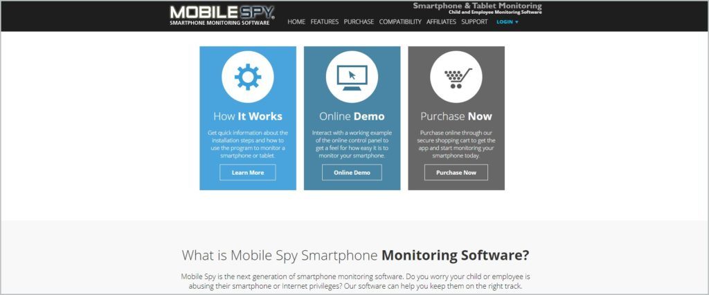 screenshot of Mobile Spy's home page 