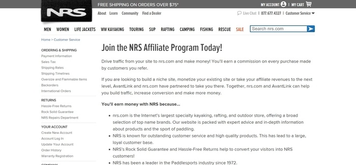 screenshot of the affiliate sign up page for NRS