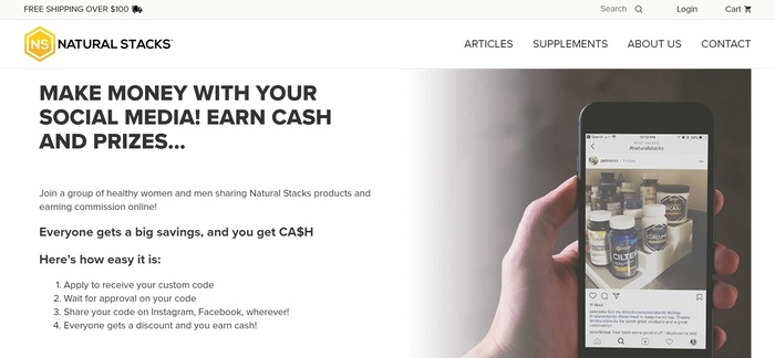 screenshot of the affiliate sign up page for Natural Stacks