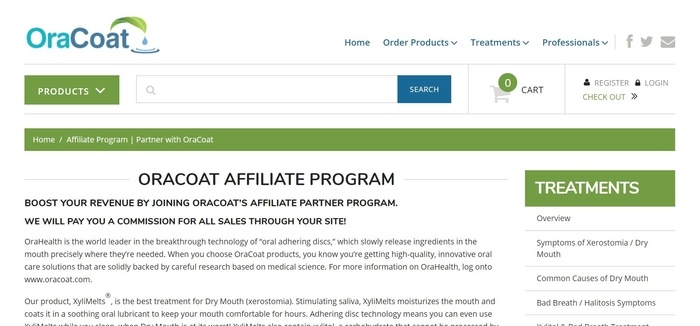 screenshot of the affiliate sign up page for Oracoat