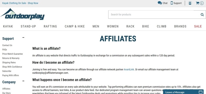 screenshot of the affiliate sign up page for Outdoorplay