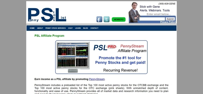 screenshot of the affiliate sign up page for Penny Stock List