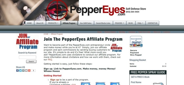 screenshot of the affiliate sign up page for PepperEyes
