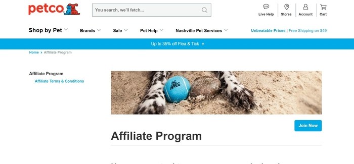 screenshot of the affiliate sign up page for Petco