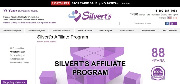 screenshot of the affiliate sign up page for Silvert's 