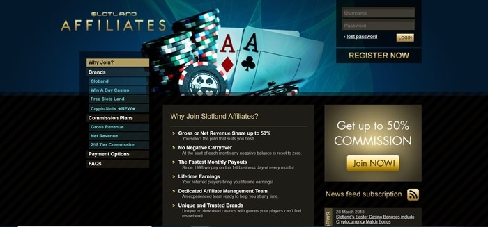 screenshot of the affiliate sign up page for Slotland Affilaites