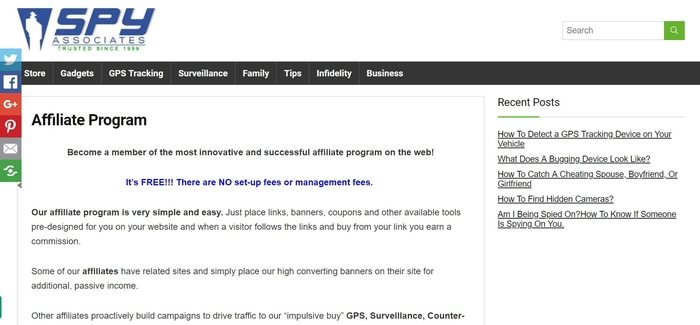 screenshot of the affiliate sign up page for Spy Associates