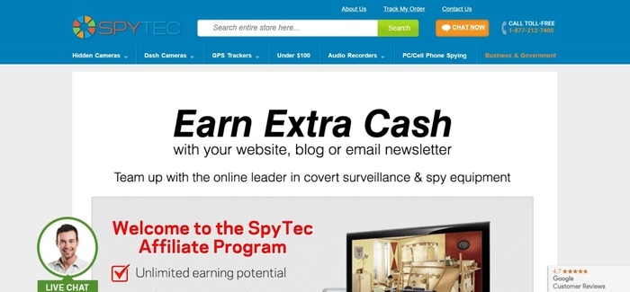 screenshot of the affiliate sign up page for Spy Tec