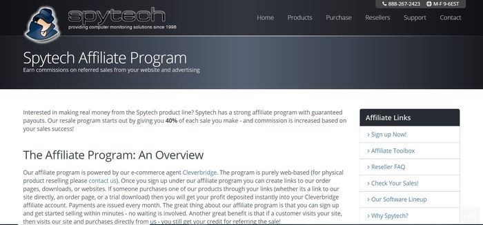 screenshot of the affiliate sign up page for Spytech