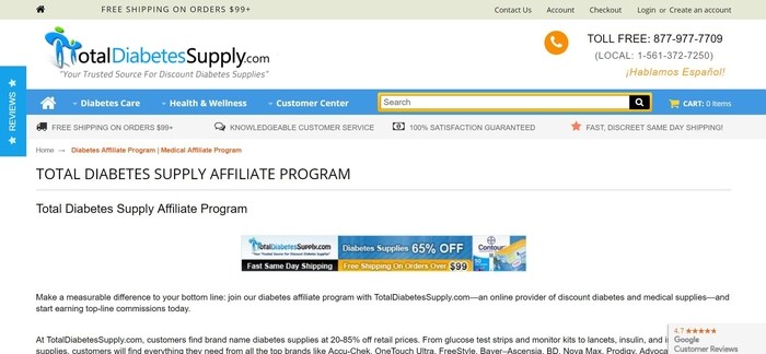 screenshot of the affiliate sign up page for Total Diabetes Supply