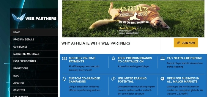 screenshot of the affiliate sign up page for Web Partners