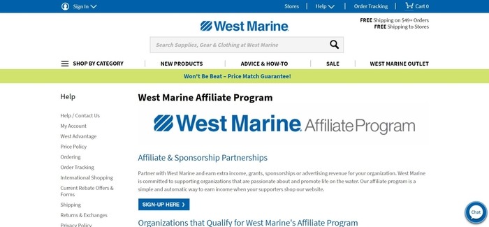 screenshot of the affiliate sign up page for West Marine