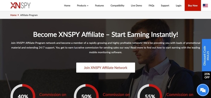 screenshot of the affiliate sign up page for XNSPY