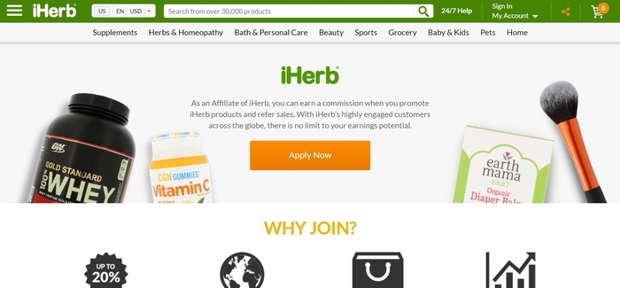 screenshot of the affiliate sign up page for iHerb