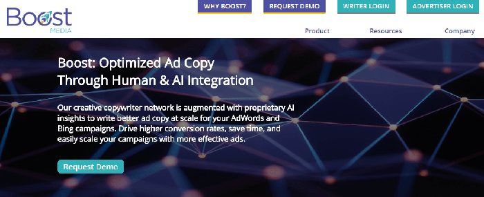 This is a screenshot of the opening page of Boost Media. The site specializes in ad creative and uses freelance writers to create ad copy.