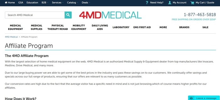 screenshot of the affiliate sign up page for 4MD Medical