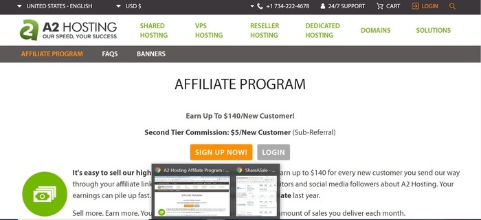 screenshot of the affiliate sign up page for A2 Hosting