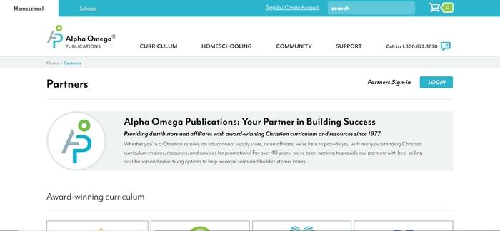 screenshot of the affiliate sign up page for Alpha Omega Publications