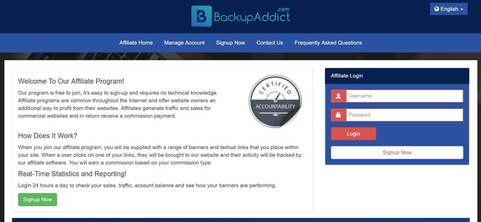 screenshot of the affiliate sign up page for Backup Addict