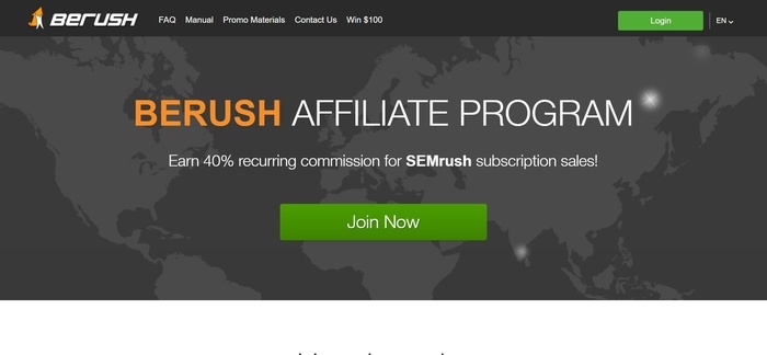 screenshot of the affiliate sign up page for BeRush