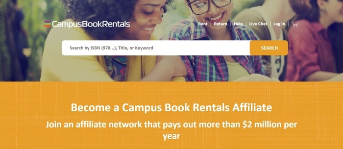 screenshot of the affiliate sign up page for Campus Book Rentals