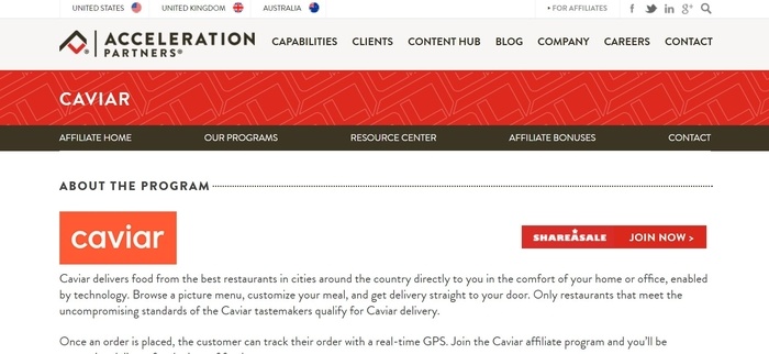 screenshot of the affiliate sign up page for Caviar