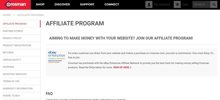 screenshot of the affiliate sign up page for Crosman