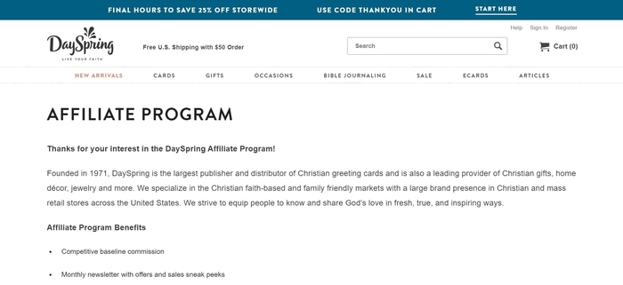 screenshot of the affiliate sign up page for DaySpring