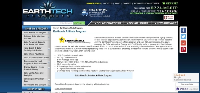 screenshot of the affiliate sign up page for Earthtech Products