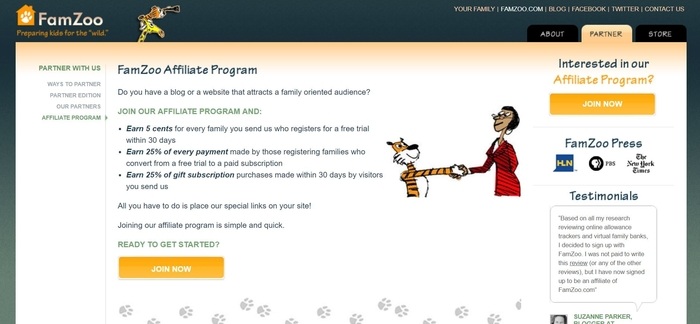 screenshot of the affiliate sign up page for FamZoo