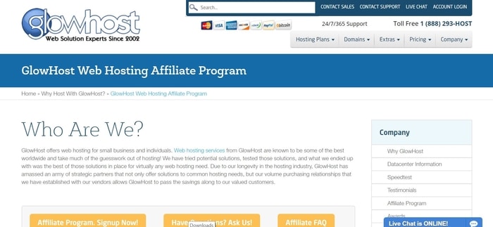 screenshot of the affiliate sign up page for GlowHost