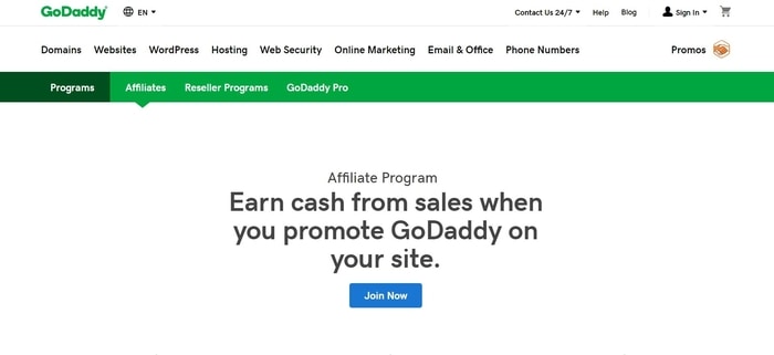 screenshot of the affiliate sign up page for GoDaddy