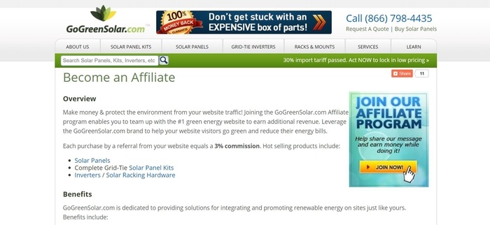 screenshot of the affiliate sign up page for GoGreenSolar