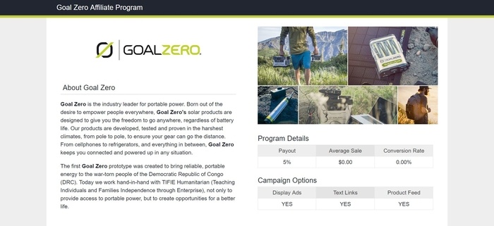 screenshot of the affiliate sign up page for Goal Zero