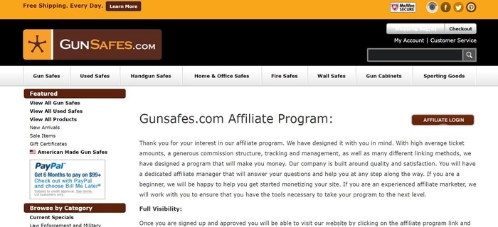 screenshot of the affiliate sign up page for GunSafes