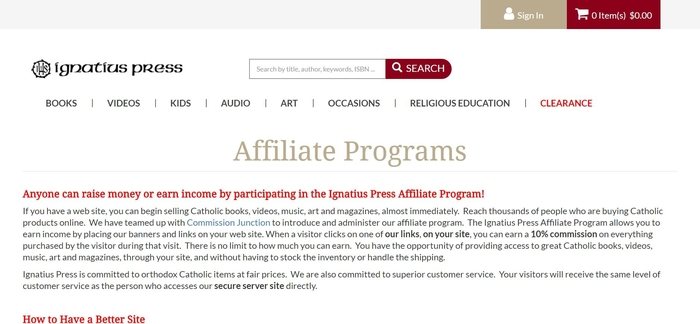 screenshot of the affiliate sign up page for Ignatius Press