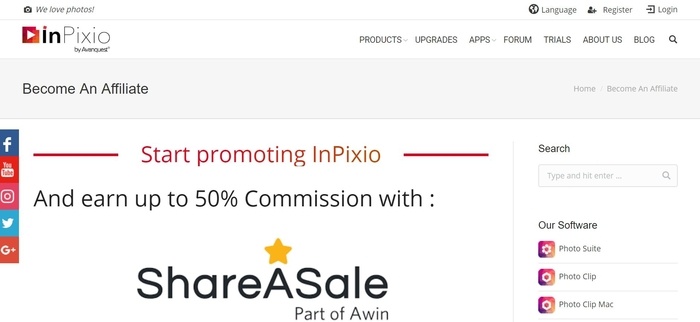 screenshot of the affiliate sign up page for InPixio