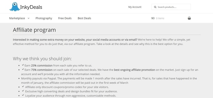 screenshot of the affiliate sign up page for InkyDeals