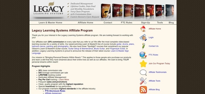 screenshot of the affiliate sign up page for Legacy Learning Systems