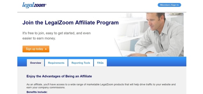 screenshot of the affiliate sign up page for LegalZoom