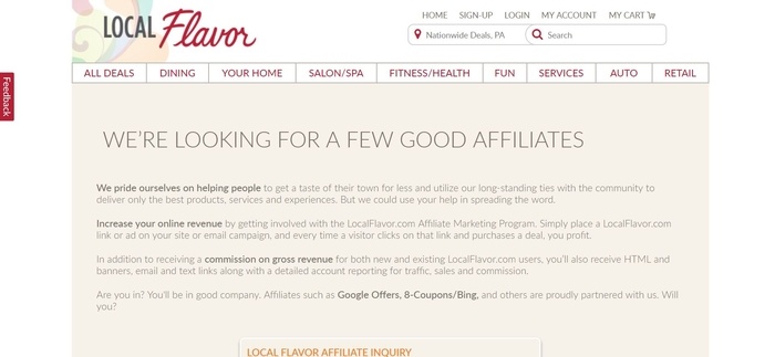 screenshot of the affiliate sign up page for LocalFlavor