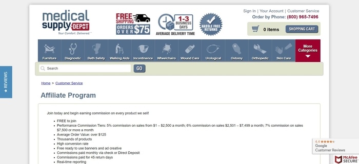 screenshot of the affiliate sign up page for Medical Supply Depot