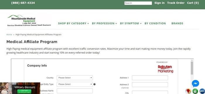  screenshot of the affiliate sign up page for Mountainside Medical Equipment