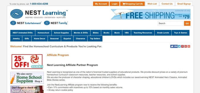 screenshot of the affiliate sign up page for Nest Learning